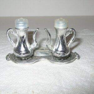Vintage Silver Teapot Salt Pepper Shakers w/Tray Rehobeth Beach DE Japan NEW F